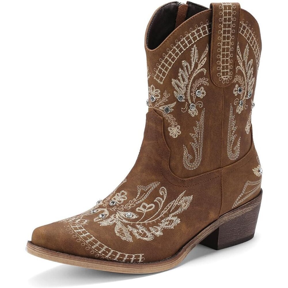 Women's Brown Embroidered Side Zipper Comfortable Chunky Heel Western Boot